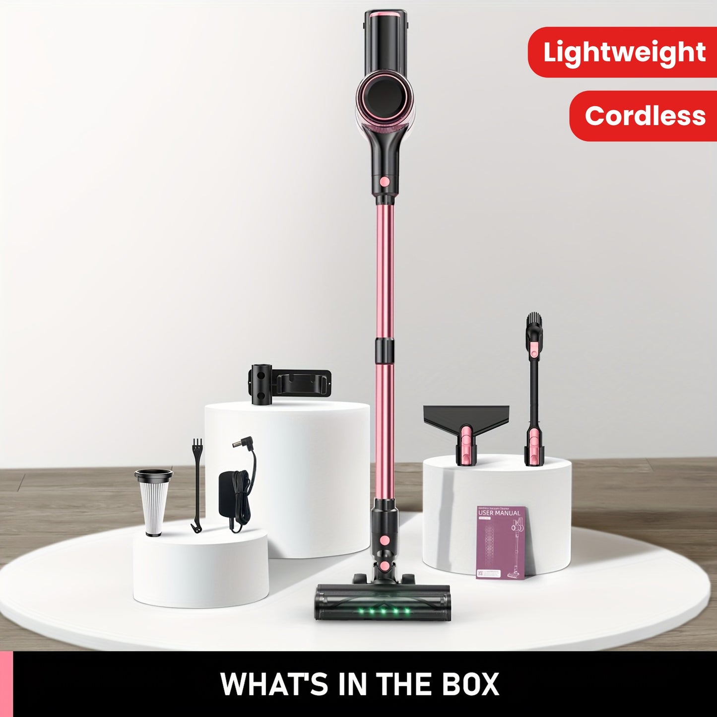 Cordless Vacuum Cleaner, 30Kpa 8 In 1 Lightweight Stick Vacuum With Sofa Brush, High-speed Motor, Anti-Tangle Brush With Green Light, 40mins Runtime Rechargeable Vacuums For Hardwood Floor, Carpet, Pet Hair, Pink
