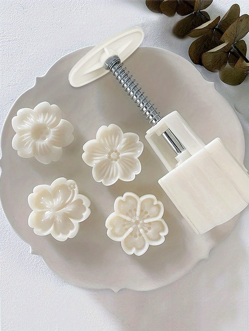 5pcs Flower Cookie Press Set - DIY Mooncake & Pastry Molds, ABS Plastic, Intricate White Flower Designs for Elegant Baking, Ideal for Christmas & Halloween, Kitchen Essentials