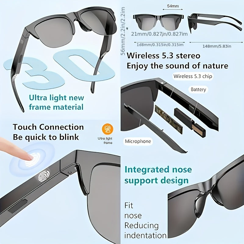 Smart Wireless 5.3 Eyeglass headphones with microphone, blue light blocking and stereo sound - perfect for cycling, driving, fishing and travelling | Free calling compatible with all mobile phones A Christmas gift for mum or