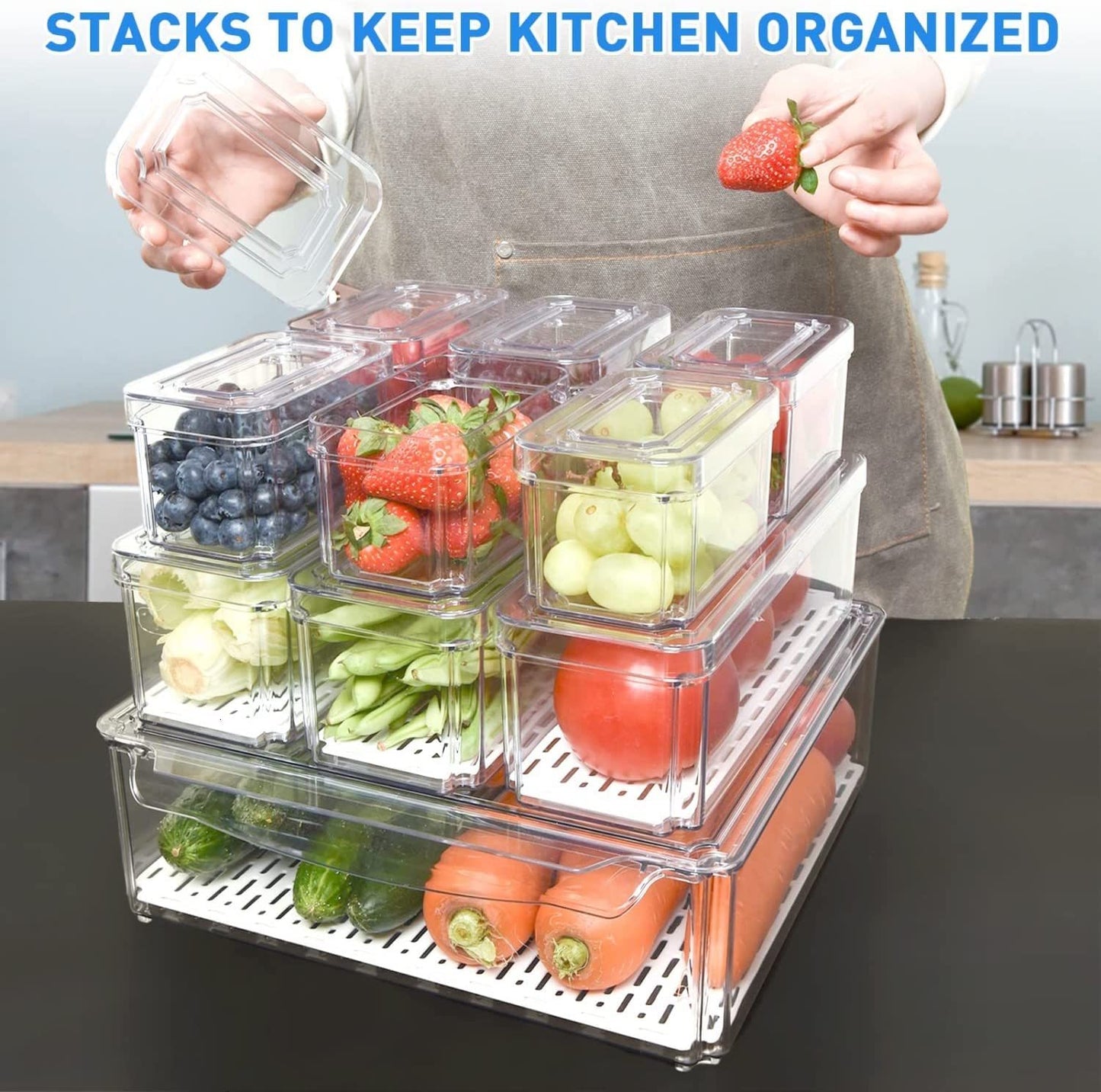 10PCS Clear Fridge Organizer Bins with Lids & Drain System - Stackable, Space-Saving Storage for Food, Drinks, Vegetables - Perfect Kitchen Organization Supplies