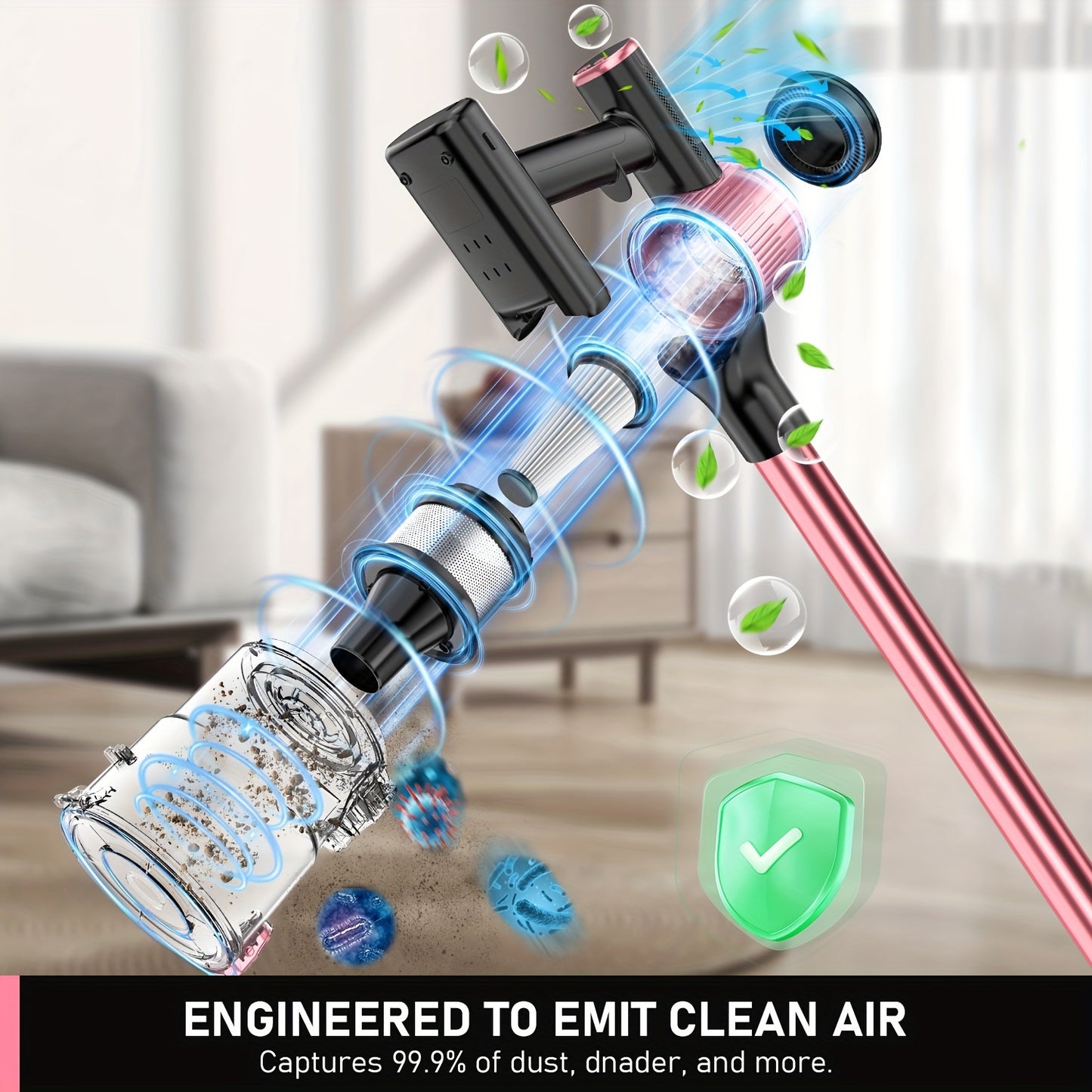 Cordless Vacuum Cleaner, 30Kpa 8 In 1 Lightweight Stick Vacuum With Sofa Brush, High-speed Motor, Anti-Tangle Brush With Green Light, 40mins Runtime Rechargeable Vacuums For Hardwood Floor, Carpet, Pet Hair, Pink