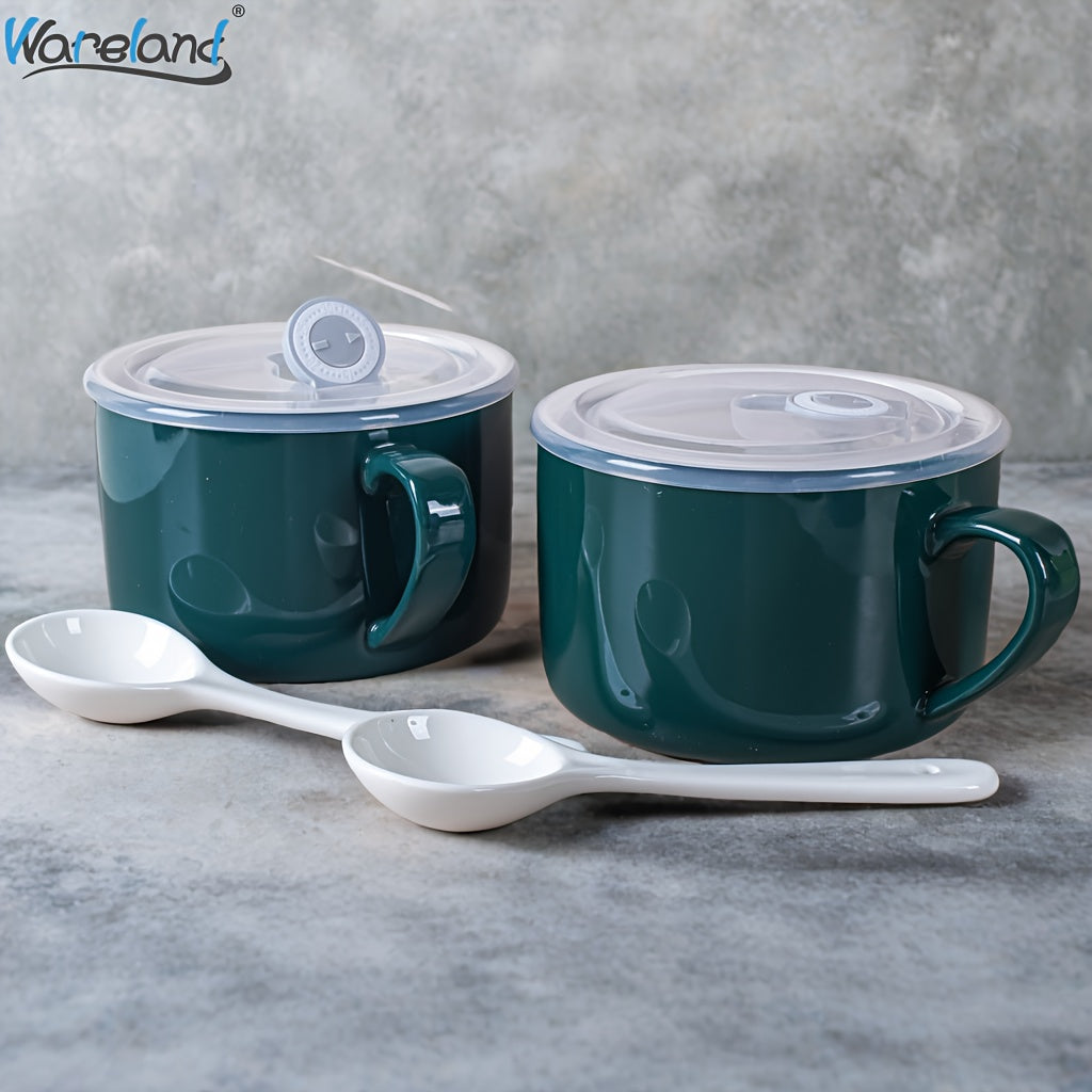 6pcs Ceramic Soup Bowls with Handles & Spoons, 30oz Large Ramen Bowls with Lids, Microwave Safe Noodle Bowls, Big Cereal Bowls for Oatmeal, Salad, Soup -Ideal Gift for Father's Day, Housewarming