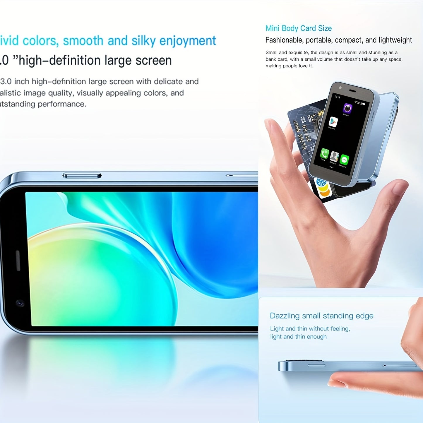 Mini Smartphone, The World's Smallest Cell Phone 3.0 Inch Android Small Phone Quad Core 2G+16G 5.0MP Dual SIM High Definition Mini Phones Unlocked 3G Mobile Phone (Blue)