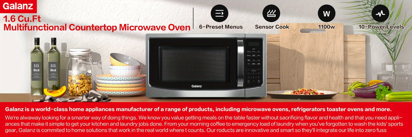 Galanz Countertop Microwave Oven 1.6 Cu Ft With Removable Turntable 1100W 6 Auto Menus Stainless Steel