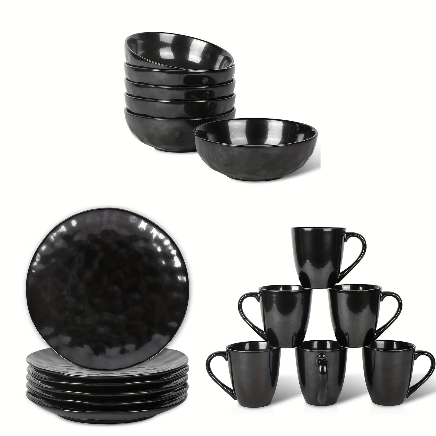 Vicrays 18 Piece Kitchen Ceramic Dinnerware Set, Ceramic Fluted Dinner Plate, Coffee Mug, Bowl Set, Microwave, Oven and Dishwasher Safe, Scratch Resistant, Suitable for Home, Parties and Restaurants (black)