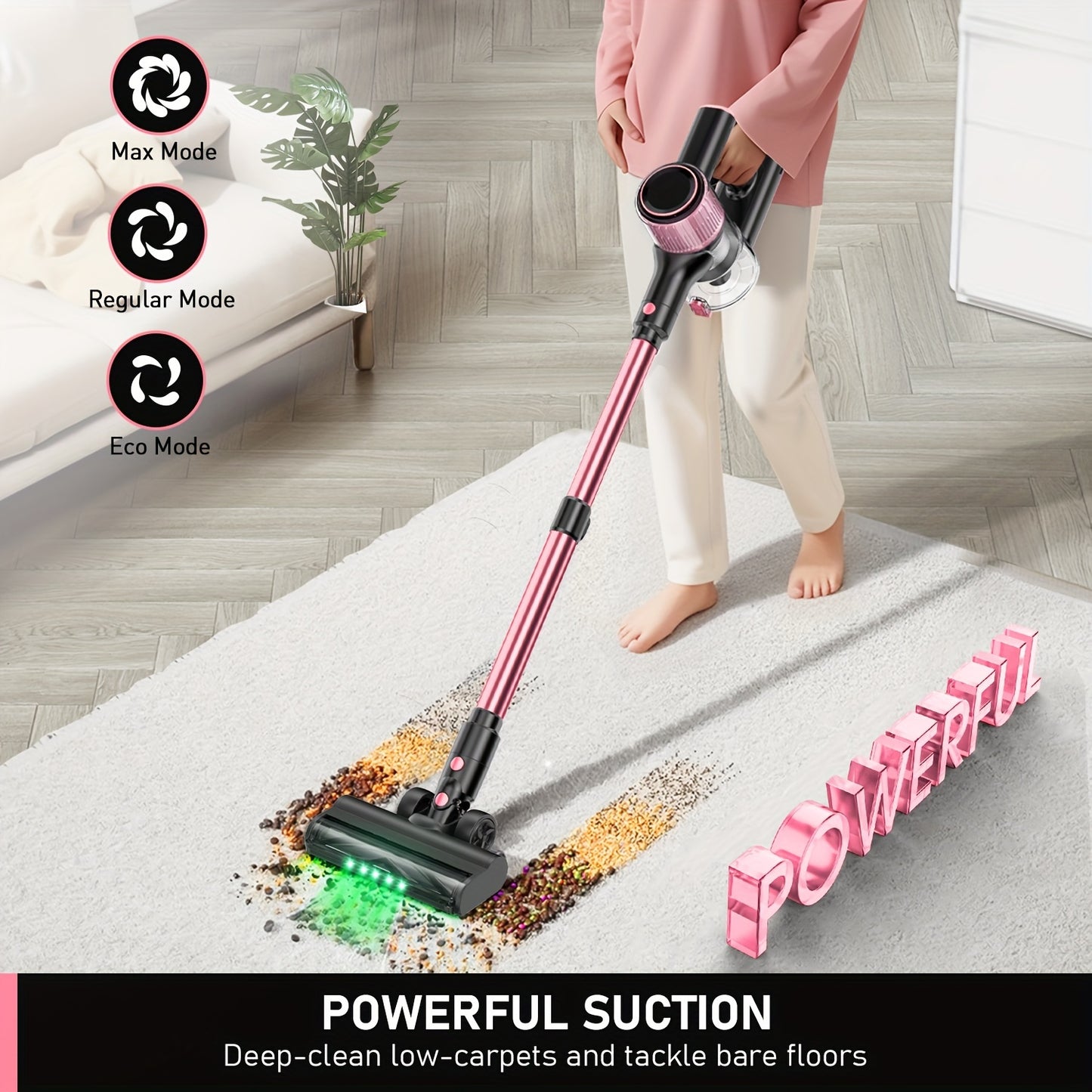 Cordless Vacuum Cleaner, 30Kpa 8 In 1 Lightweight Stick Vacuum With Sofa Brush, High-speed Motor, Anti-Tangle Brush With Green Light, 40mins Runtime Rechargeable Vacuums For Hardwood Floor, Carpet, Pet Hair, Pink