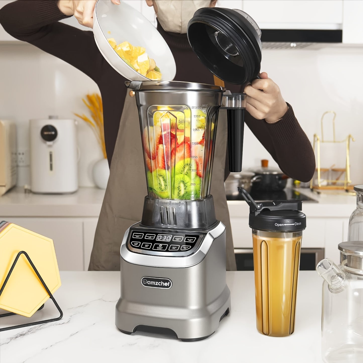 AMZCHEF Smoothie Countertop Blender, 1800 W Professional Blender For Kitchen With 600ml Travel Bottle, High-Speed Blender For Shakes, Smoothies, Ice Crushing, Frozen Fruits