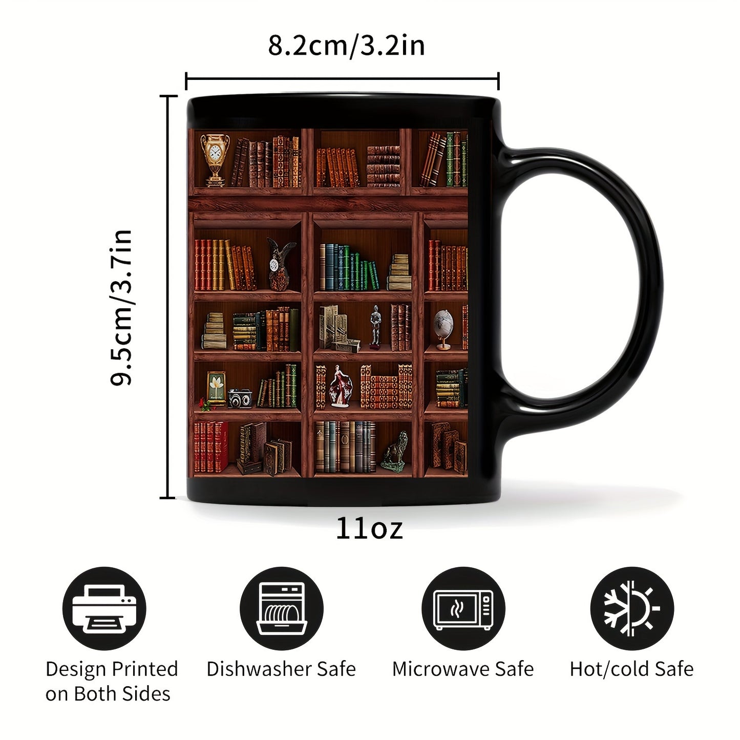 1pc, Bookworm's Delight Mug - Library Bookshelf Coffee Mug for Book Lovers - 11oz/15oz, Black, Ceramic, Dishwasher and Microwave Safe, Unique Bookish Gifts for Readers and Librarians