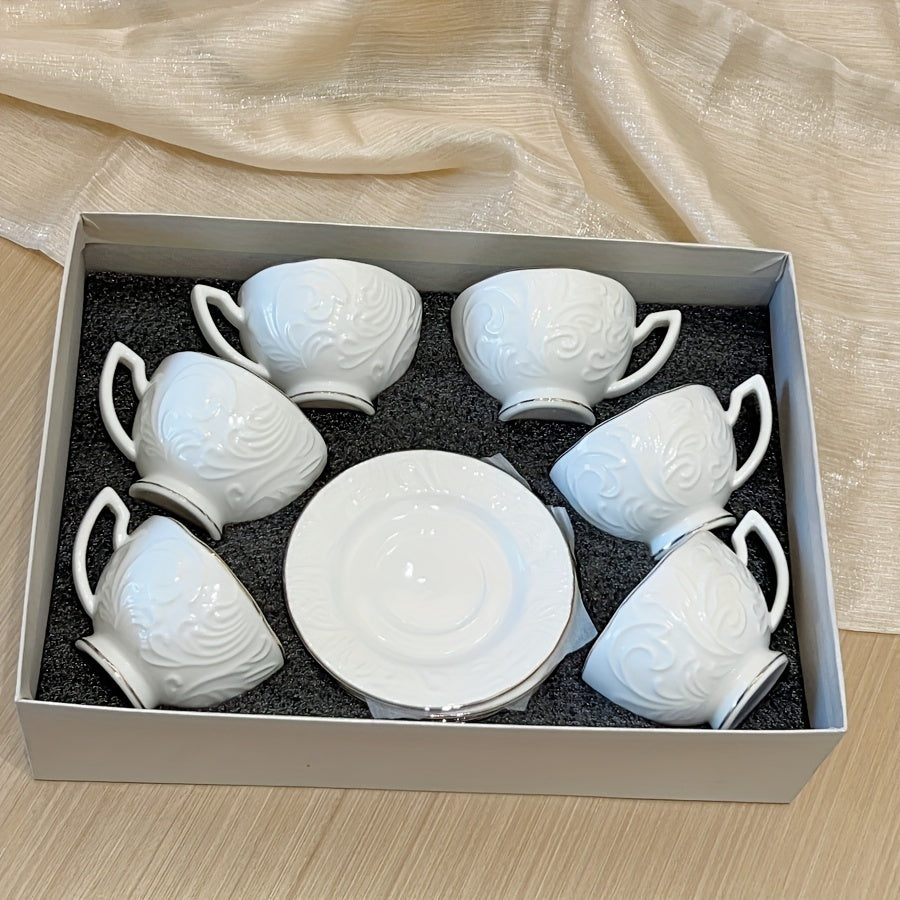 Luxury Floral Embossed Golden-Trimmed Tea Set - 6 Ceramic Cups & Saucers, Microwave Safe, Perfect for Afternoon Tea, Desserts & Gifts