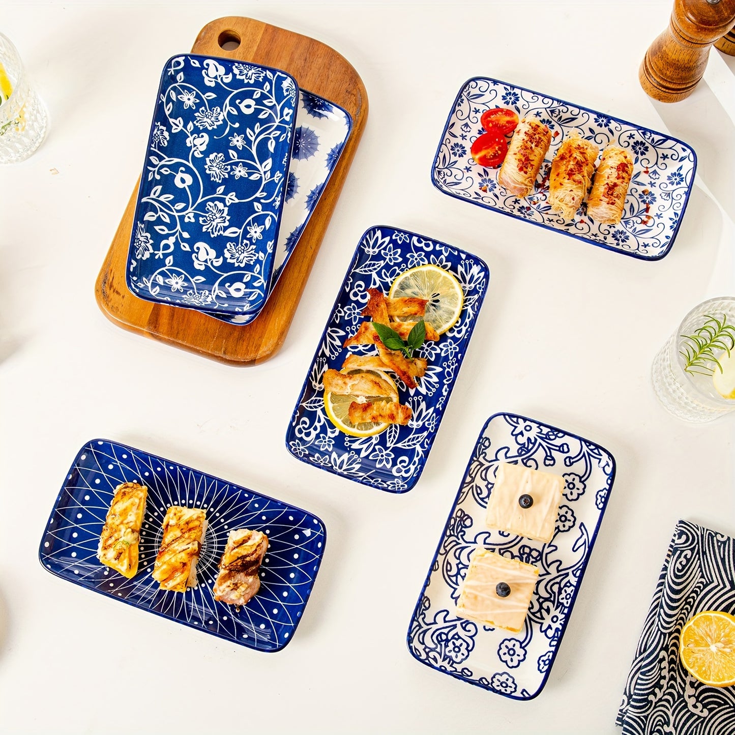 Chinese style ceramic dinnerware 30 pcs set, including 8.5 inches salad plate, 10.5 inches dinner plate, 16 oz coffee mug, 8.3 inches rectangular plate, 24 oz cereal bowl each 6 pcs, microwave oven dishwasher safe, housewarmi