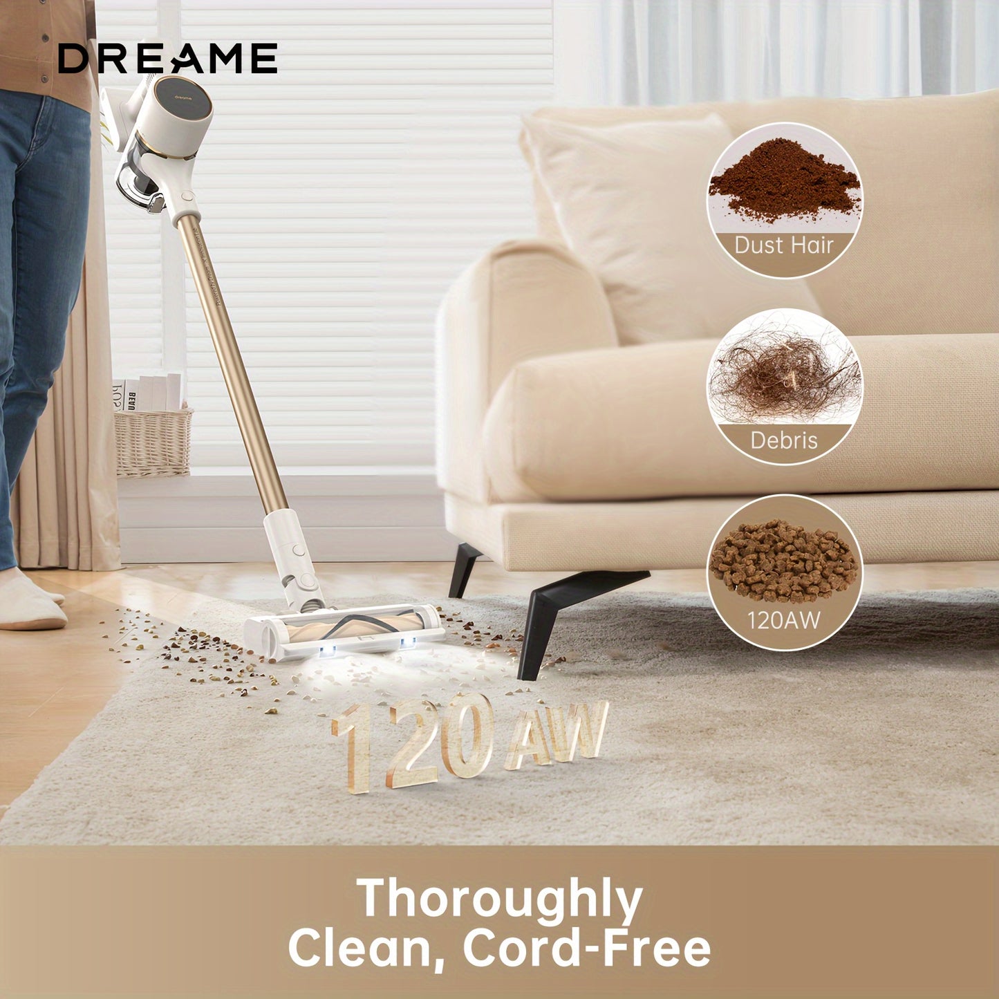 dreame R10 Cordless Vacuum Cleaner, 120AW Powerful Stick Vacuum with Led Headlights, Anti-Tangle Brush, Up to 60 Mins Rechargeable Battery, Handheld Vacuum Deep Clean Hair, Hard Floor, Carpet