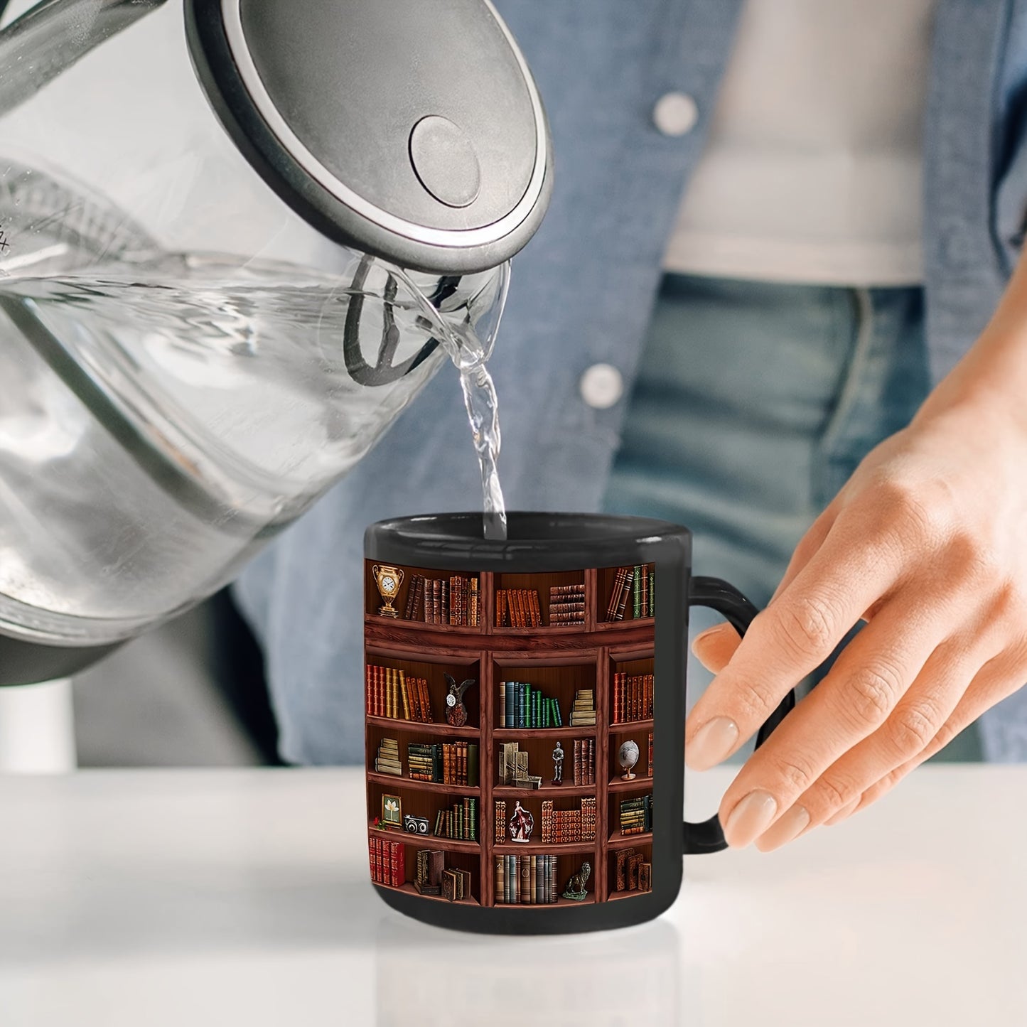 1pc, Bookworm's Delight Mug - Library Bookshelf Coffee Mug for Book Lovers - 11oz/15oz, Black, Ceramic, Dishwasher and Microwave Safe, Unique Bookish Gifts for Readers and Librarians