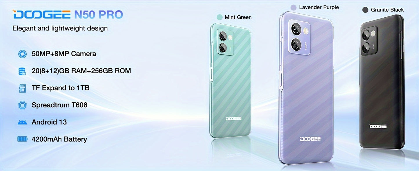 DOOGEE N50 Pro Mobile Phones, 20GB RAM + 256GB ROM/1TB TF Smartphone Android 13, Octa Core, 6.52" HD+ Smart Phone with 4200mAh, 50MP Camera, 4G Dual SIM, Face ID/Fingerprint