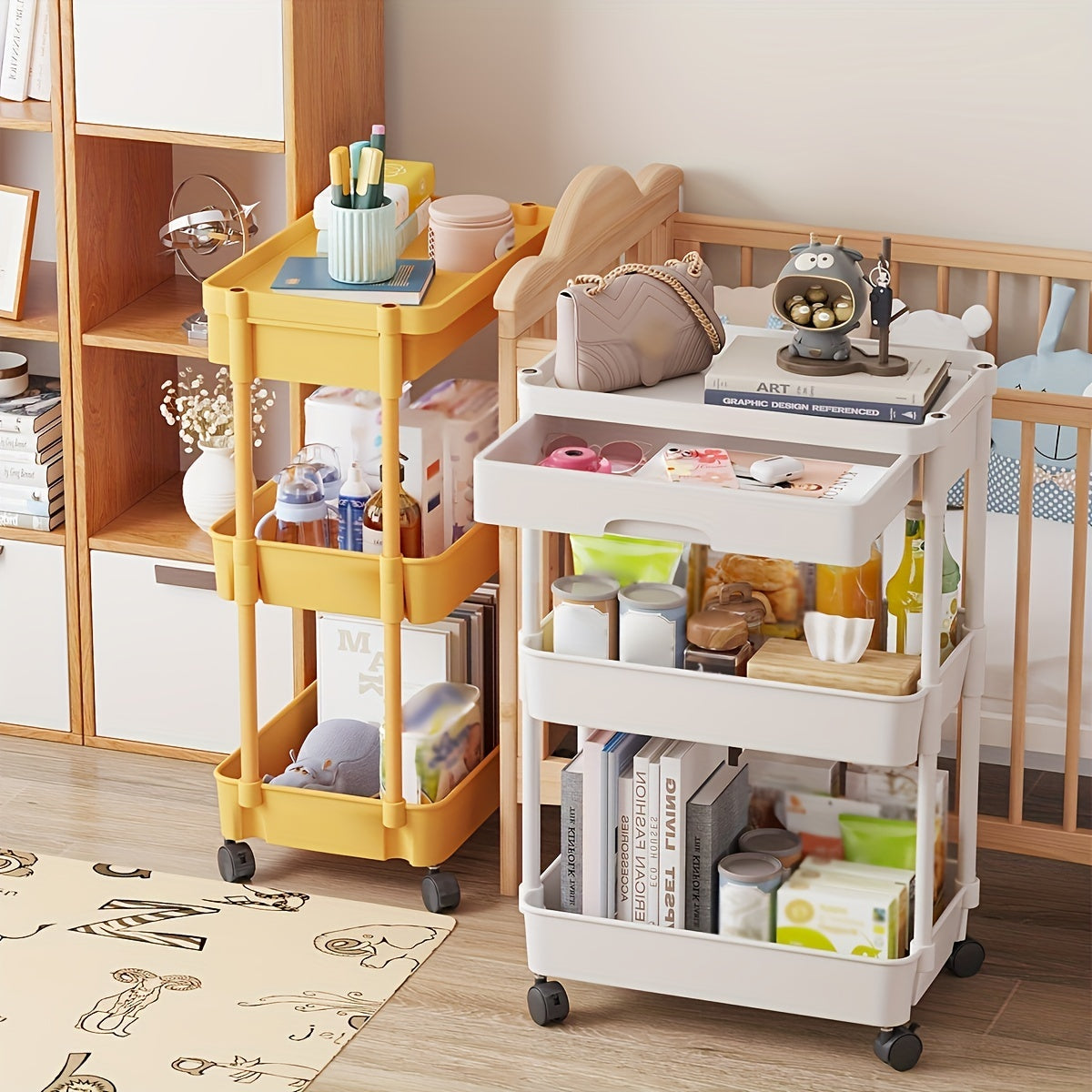 Multi-Tier Storage Trolley - Space-Saving Floor-to-Ceiling Design, Smooth Mobility, and Versatile Use in Kitchen, Bathroom, Bedroom, and Living Room for Displaying Snacks and Essentials