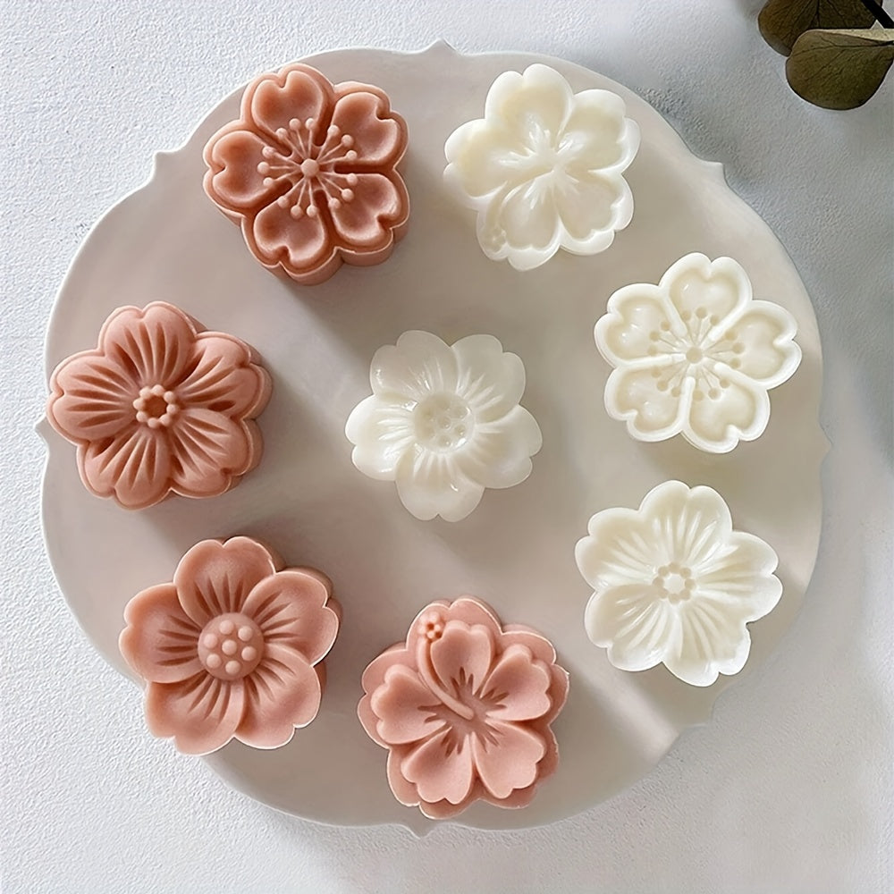 5pcs Flower Cookie Press Set - DIY Mooncake & Pastry Molds, ABS Plastic, Intricate White Flower Designs for Elegant Baking, Ideal for Christmas & Halloween, Kitchen Essentials