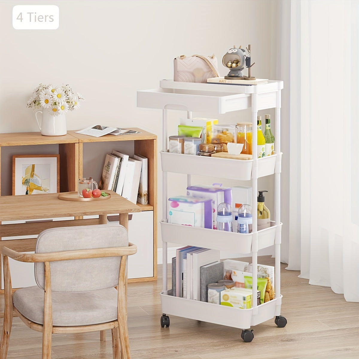 Multi-Tier Storage Trolley - Space-Saving Floor-to-Ceiling Design, Smooth Mobility, and Versatile Use in Kitchen, Bathroom, Bedroom, and Living Room for Displaying Snacks and Essentials