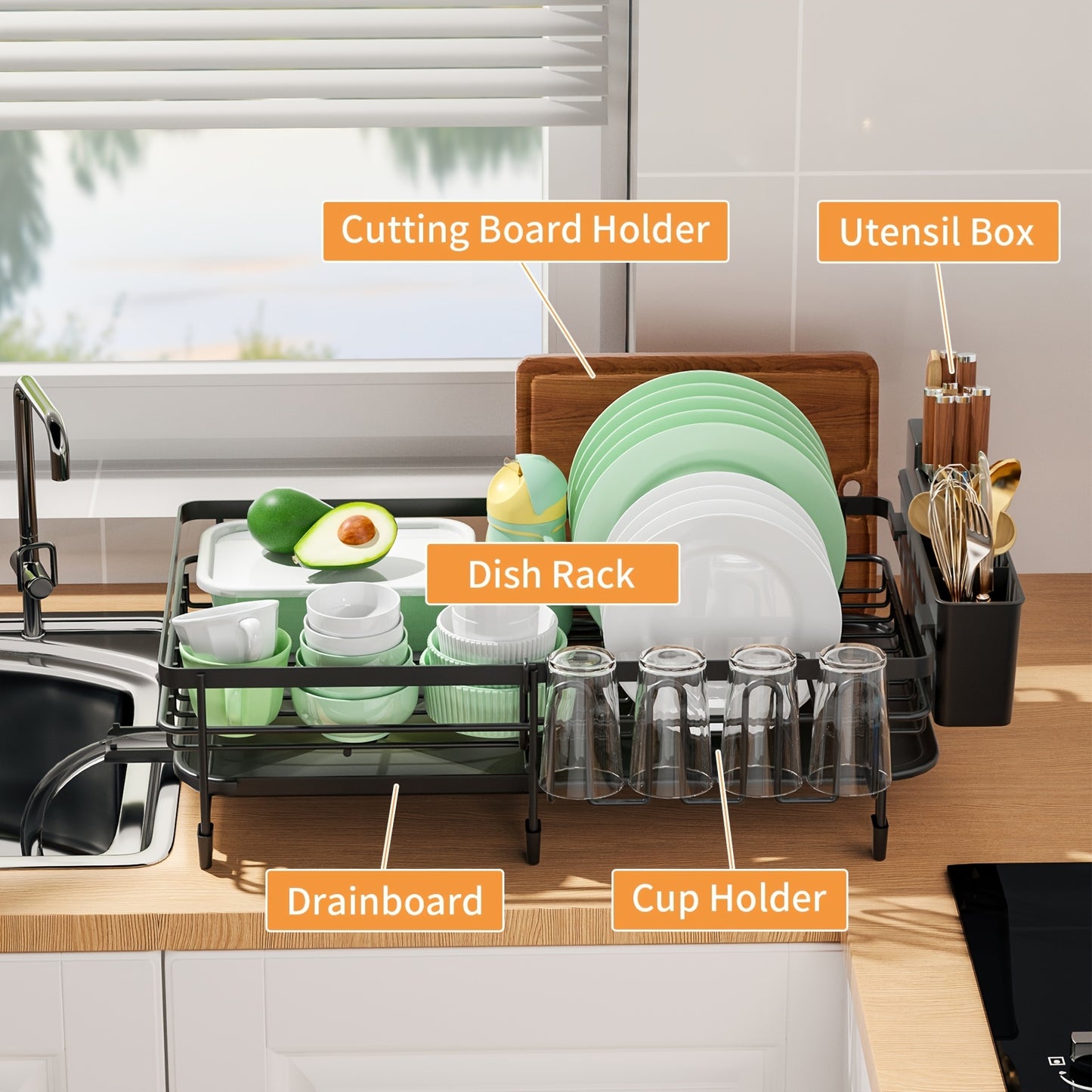 1pc Large Dish Drying Rack, Extendable Dish Rack, Multifunctional Dish Rack For Kitchen Counter, Anti-Rust Drying Dish Rack With Cutlery & Cup Holders, Home Kitchen Accessories