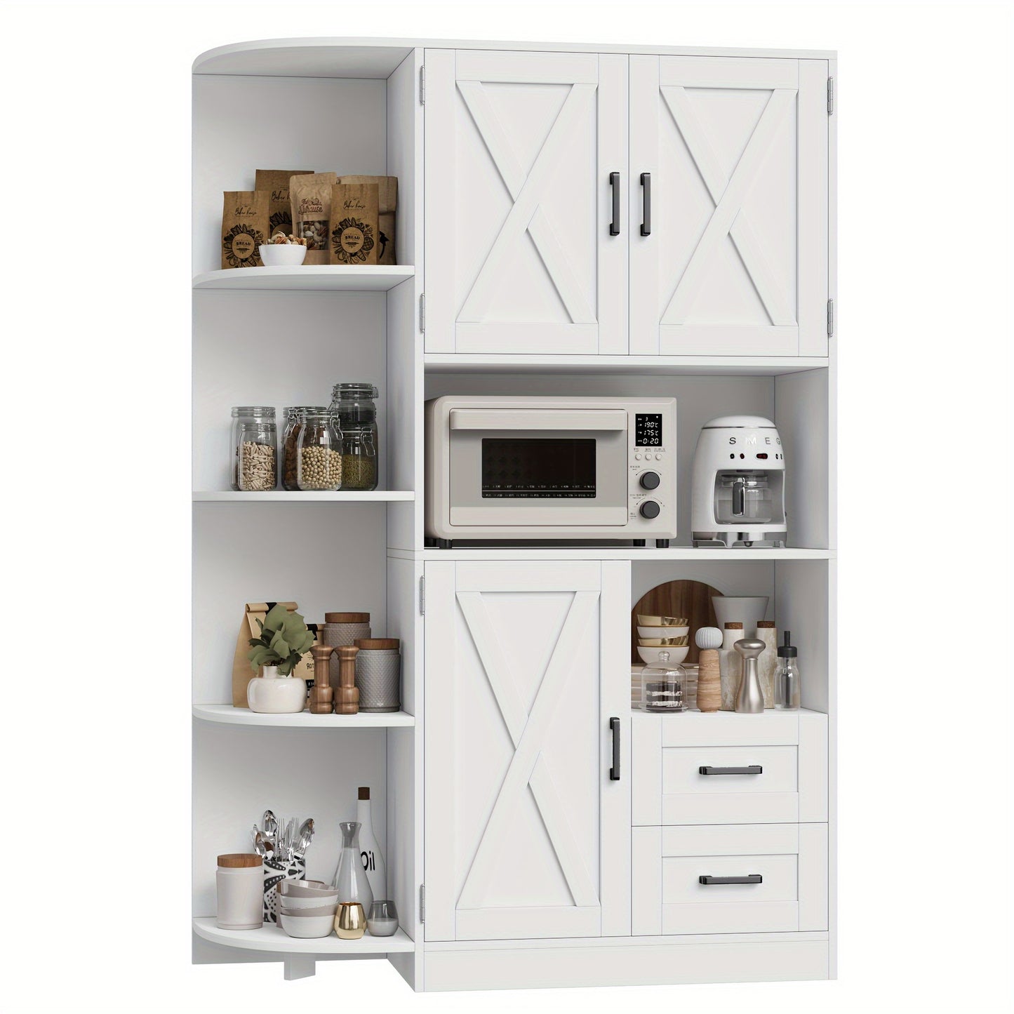 FULTRU 60.4" Farmhouse Kitchen Pantry Storage Cabinet, Freestanding Hutch with Doors & Shelves, Buffet Sideboard with Microwave Stand, Coffee Bar with Drawers, Cupboard for Dining Room, Rustic Brown