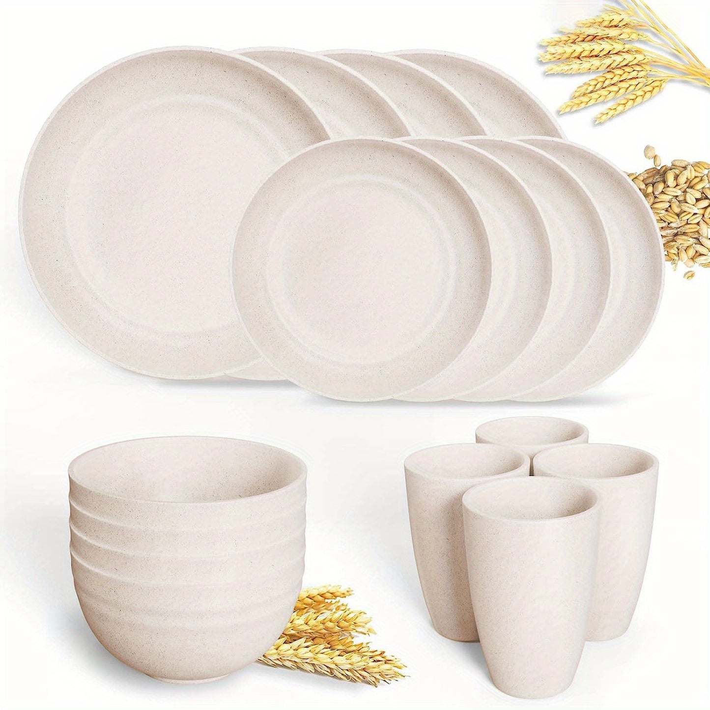 16pcs Unbreakable Wheat Straw Dinnerware Sets, Lightweight Plates Cups And Bowls Sets, Dishwasher Microwave Safe, For RV Outdoor Camping
