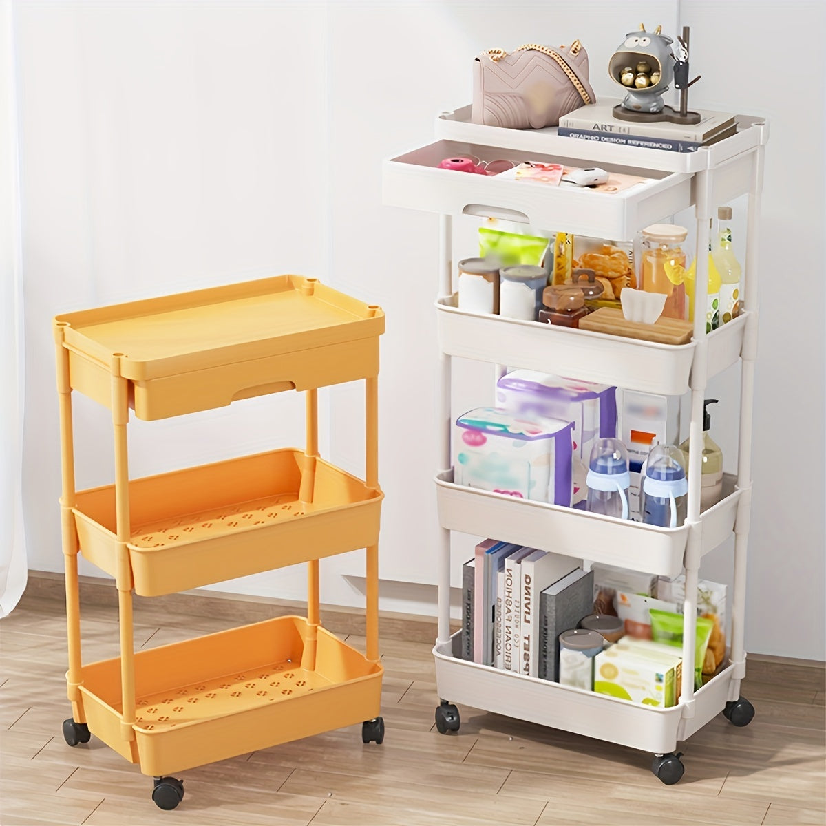 Multi-Tier Storage Trolley - Space-Saving Floor-to-Ceiling Design, Smooth Mobility, and Versatile Use in Kitchen, Bathroom, Bedroom, and Living Room for Displaying Snacks and Essentials