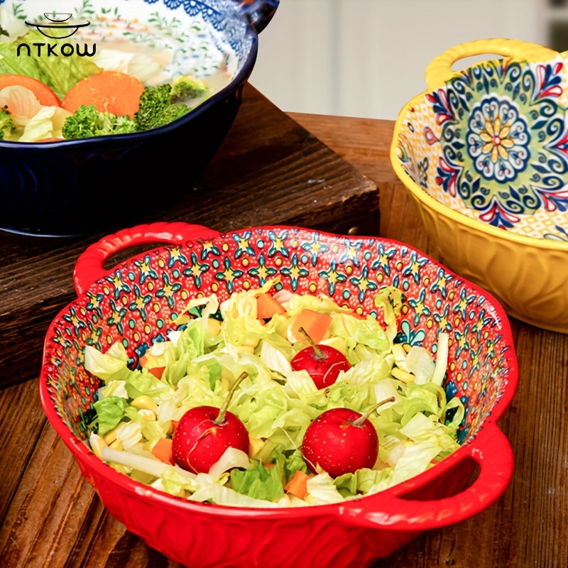 1pc 9.5 "Underglaze Color Bohemia Polish Color Double Ear Soup Bowl, Embossed Soup Bowl, Noodle Bowl, Microwave Safe, For Home Kitchen Restaurant Hotel, Kitchen Supplies, Tableware Accessories