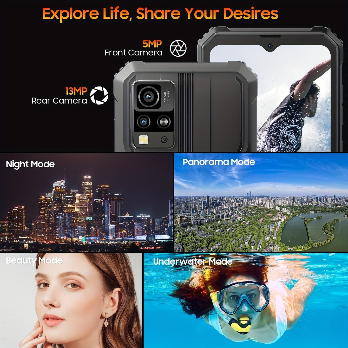 Blackview BV4800 Rugged Smartphone, Android 13 Rugged Phone, 6GB+64GB/2TB Expand Android Phones, 6.56" HD+ Display, 5180mAh, IP69K Waterproof Phone, Dual 4G T-Mobile, Fingerprint/Face ID, Glove Mode, NFC