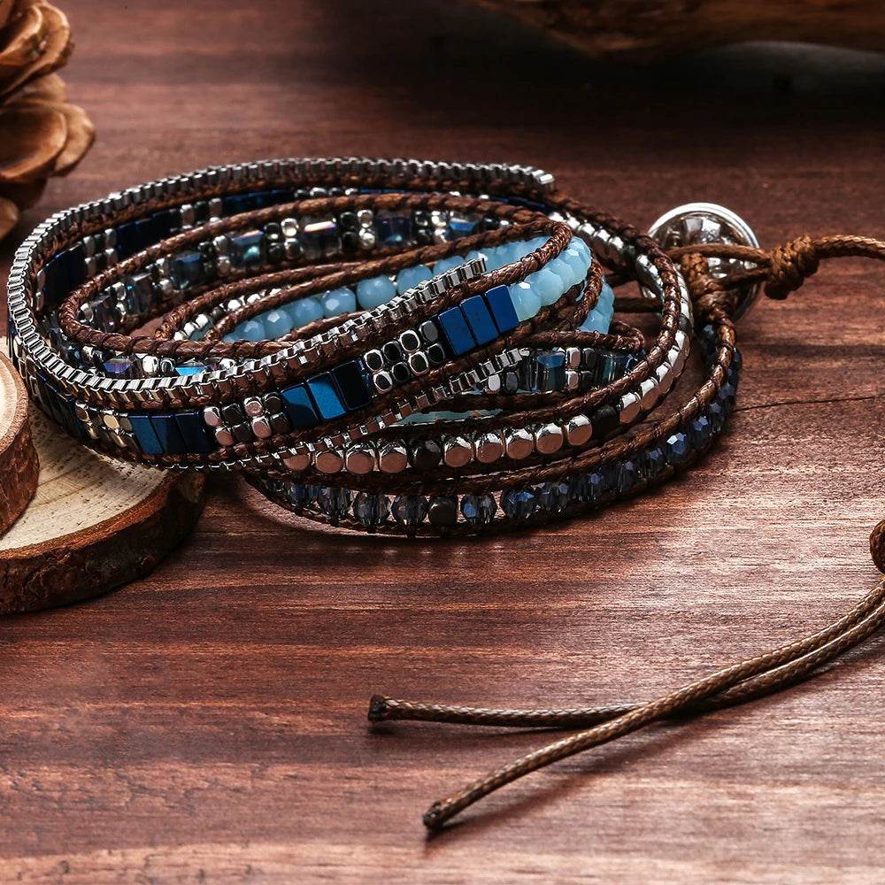 Men and Women 4mm Bead Blue Adjustable Bohemian Crystal Healing Wrap Statement Bead Bracelet - findify 2025