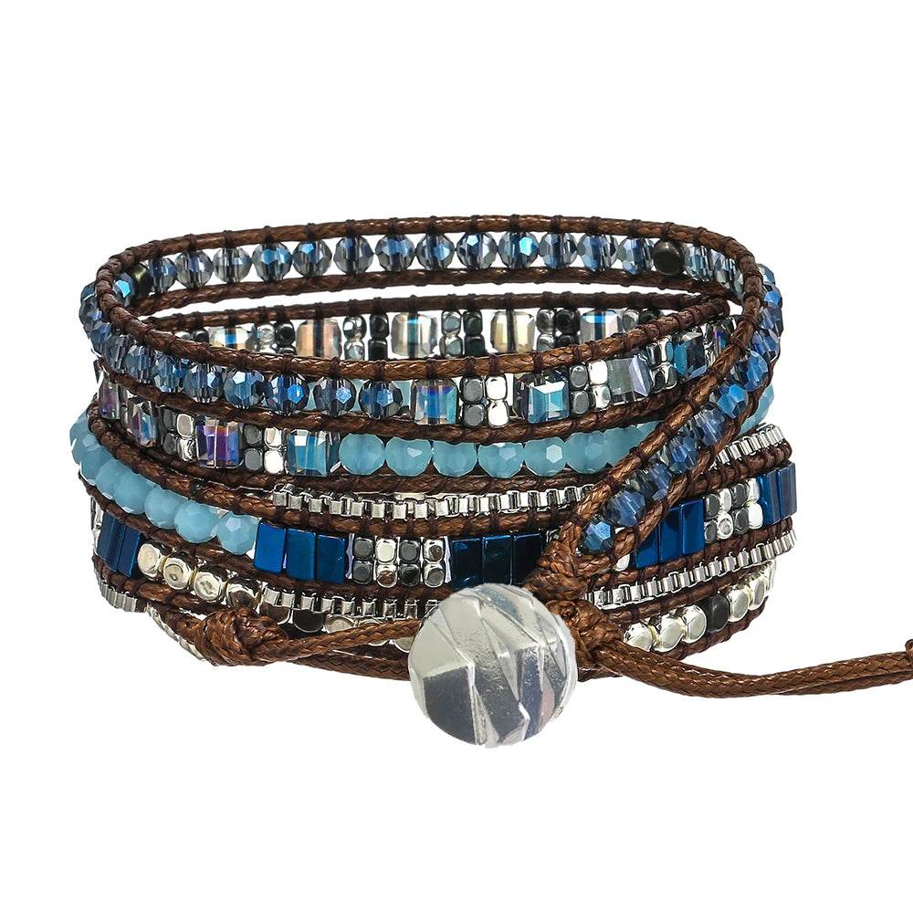Men and Women 4mm Bead Blue Adjustable Bohemian Crystal Healing Wrap Statement Bead Bracelet - findify 2025