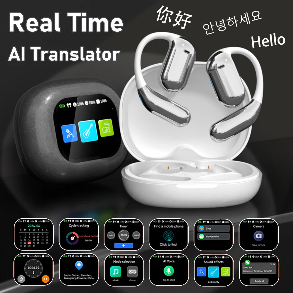 BT 5.4 Real Time AI Translator Earbuds Open Ear Wireless Headphones IPX7 Waterproof Touch Screen AI Translator Earbuds