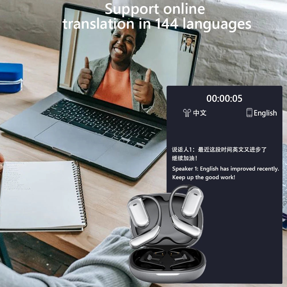 BT 5.4 Real Time AI Translator Earbuds Open Ear Wireless Headphones IPX7 Waterproof Touch Screen AI Translator Earbuds