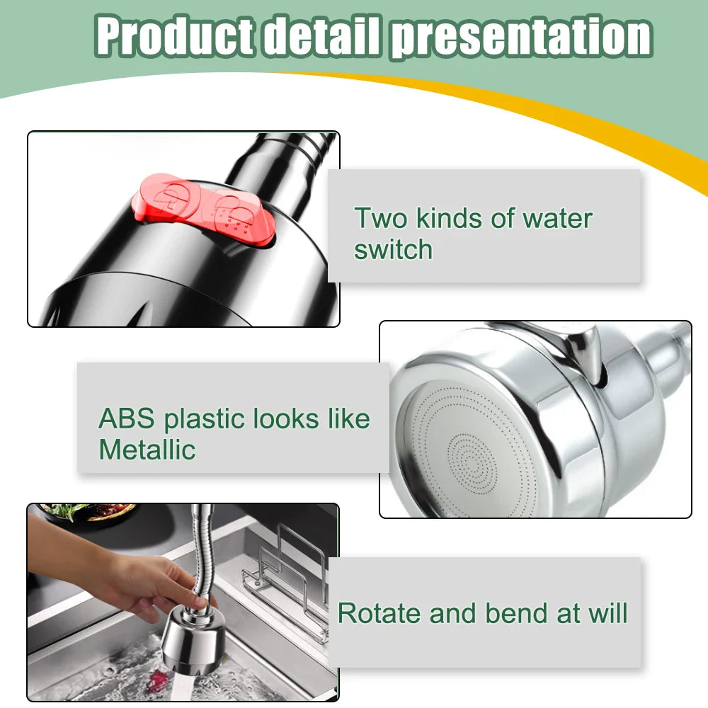 360° Rotatable Faucet Extender & Water Saving Nozzle – 2/3 Mode Adjustable Faucet Adapter for Kitchen & Bathroom Sink