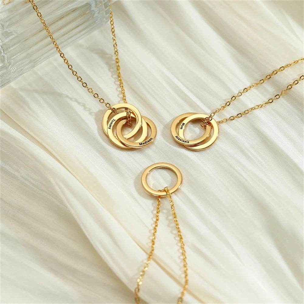 Engraved Childrens Name Linked Circle Necklace Custom Russian Ring Interlocking Round Necklaces Personalized Thanksgiving Gift - findify 2025
