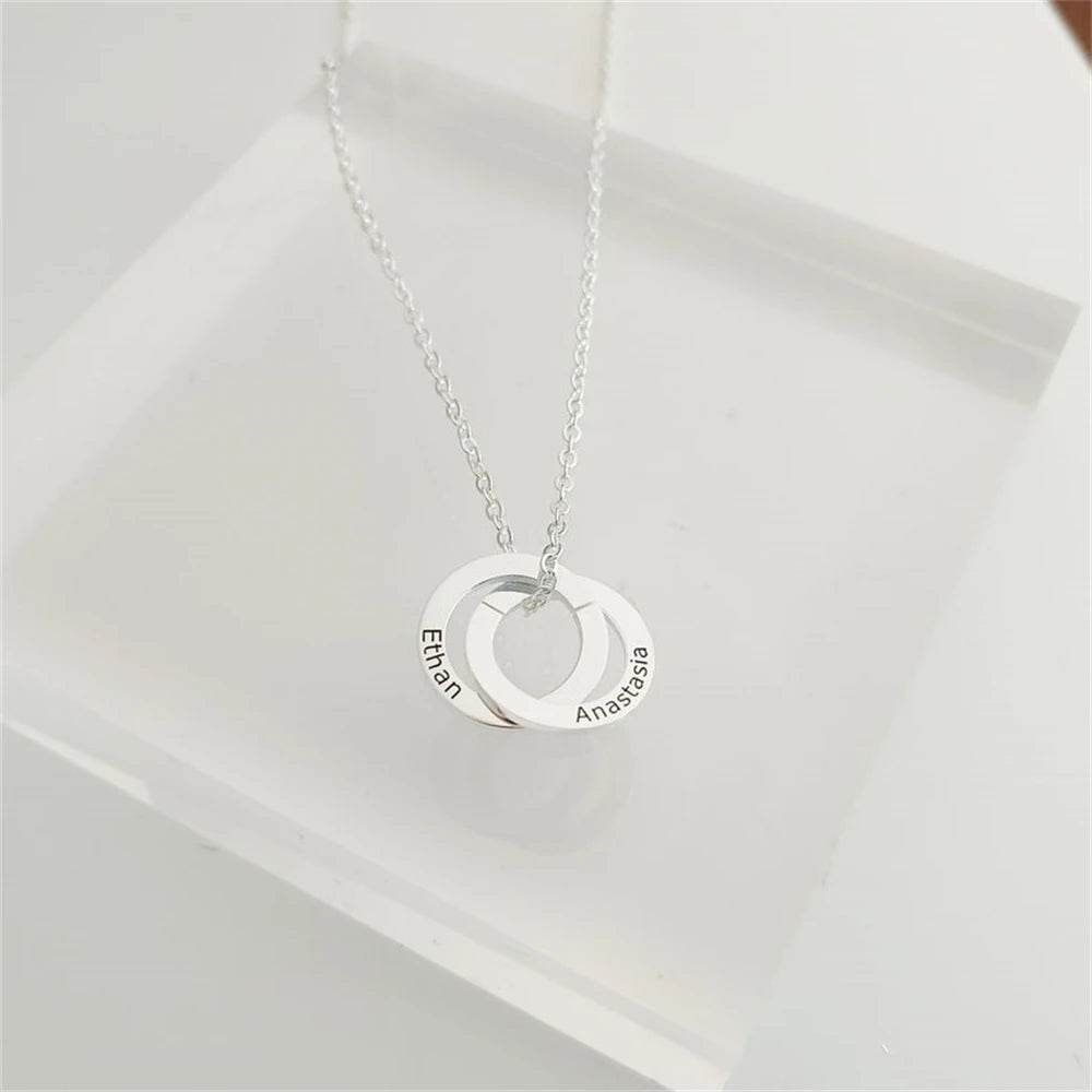 Engraved Childrens Name Linked Circle Necklace Custom Russian Ring Interlocking Round Necklaces Personalized Thanksgiving Gift - findify 2025