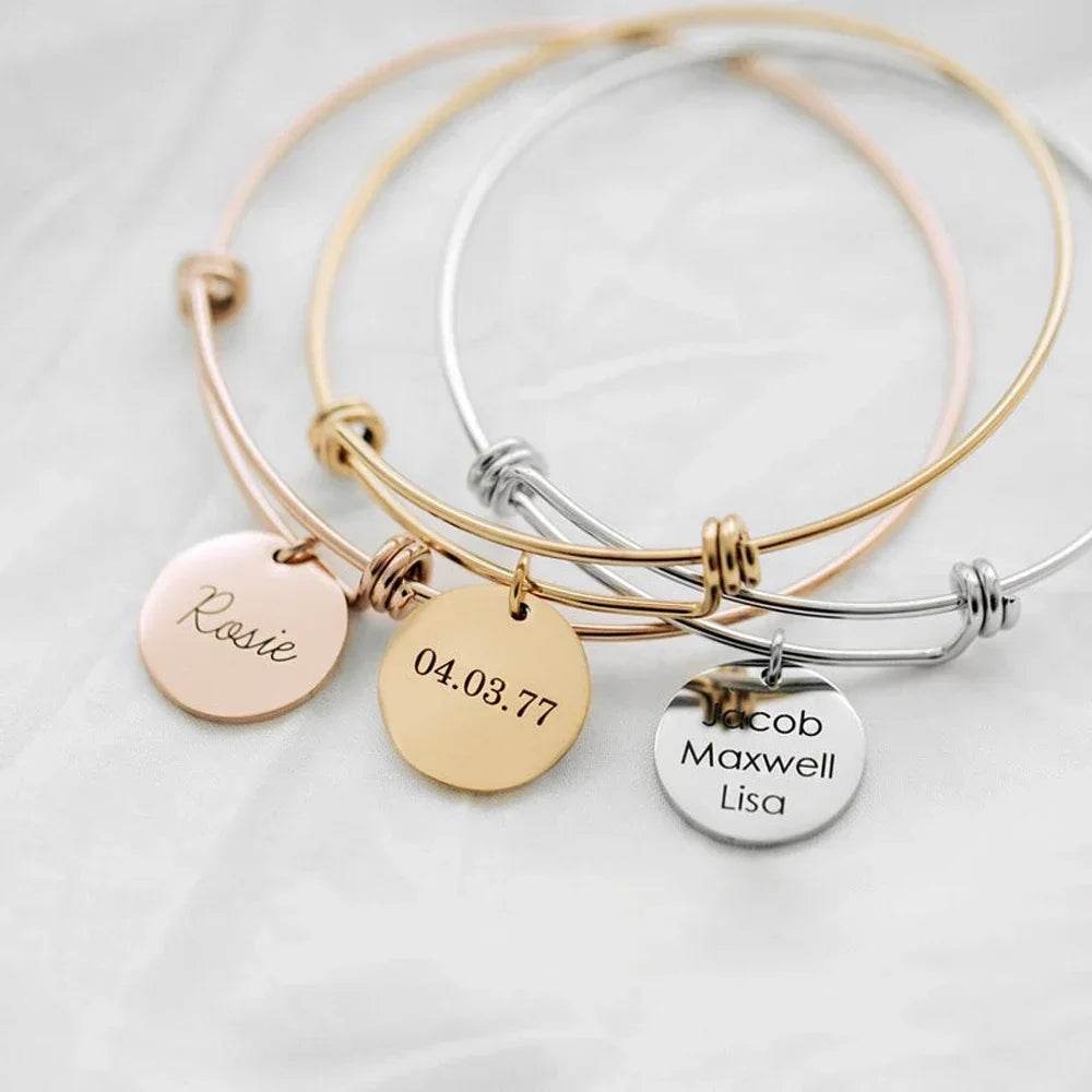 Bangles for Women Personalized Custom Carving 1-4 Names Round Pendant Stainless Steel Friendship Bracelet Jewelry Pulsera Mujer - findify 2025