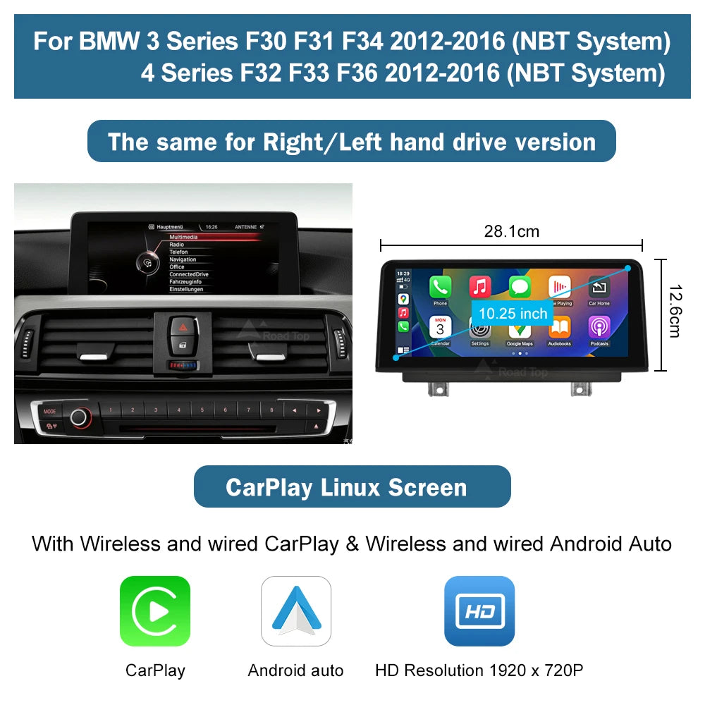 Road Top 1920*720 Wireless Carplay Android Auto Multimedia Display Screen For BMW 3 4 Series F30 F31 F32 F33 F34 F36 NBT
