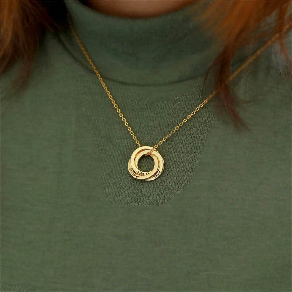 Engraved Childrens Name Linked Circle Necklace Custom Russian Ring Interlocking Round Necklaces Personalized Thanksgiving Gift - findify 2025