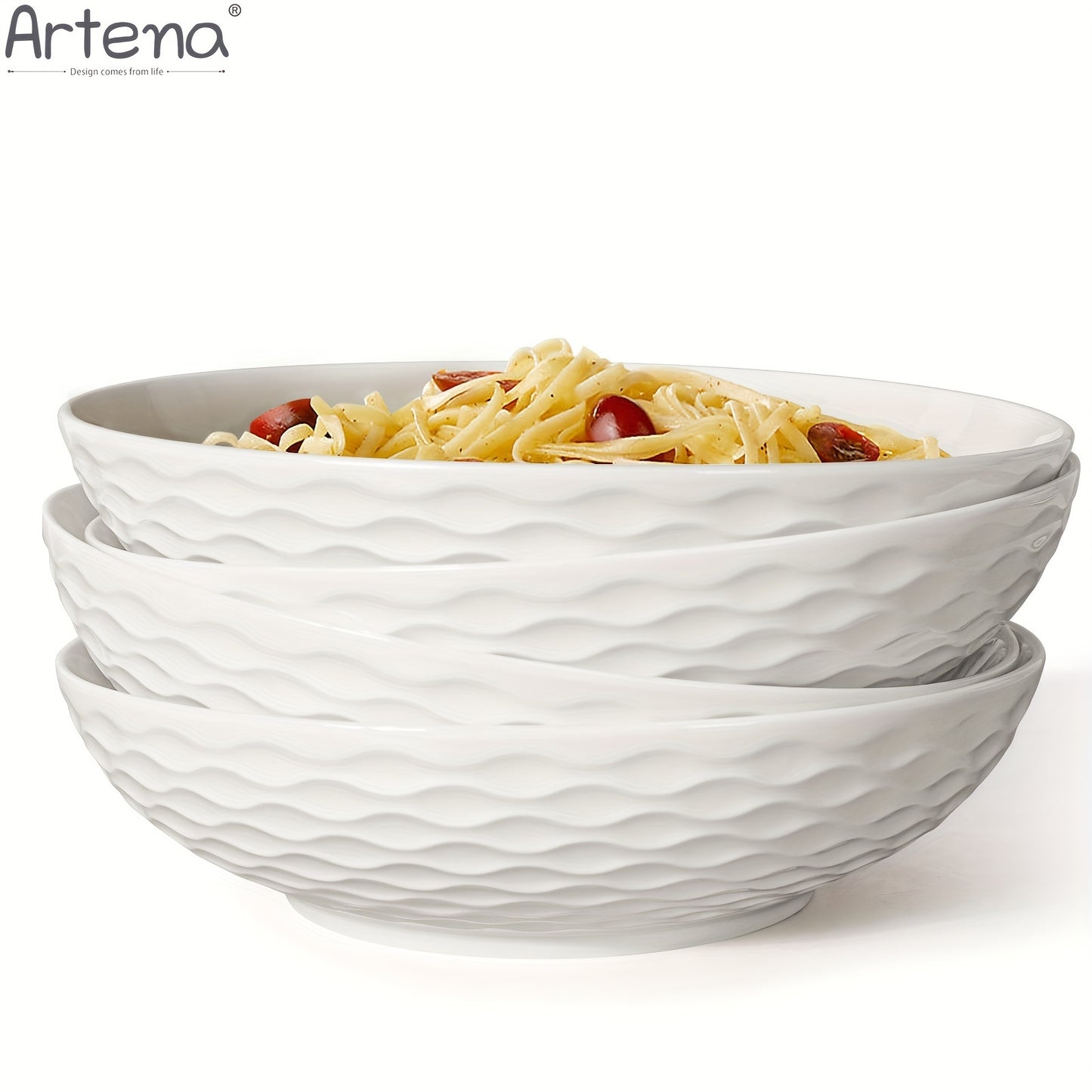 Large Ceramic 4pcs Artena Pasta Bowls - 32oz/35oz, 7.9''/8'' Embossed Soup Bowls - White Serving Bowls for Entertaining, Microwave Dishwasher Oven Safe