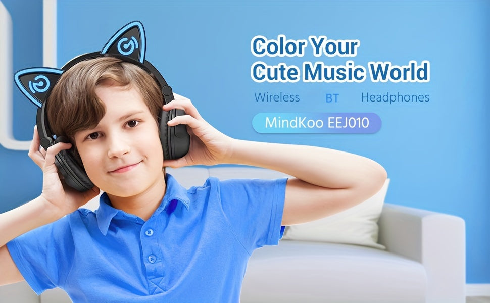 Mindkoo Over-Ear Wireless Headphones, Cat Ear Headphones With 7 Colors LED Light, Foldable, Built-in Microphone And Volume Control For PC/Cell Phones/Teens/Adults