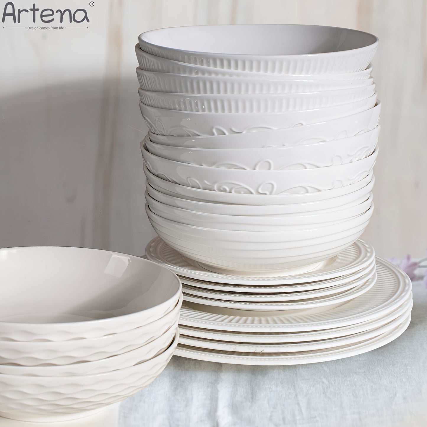 Large Ceramic 4pcs Artena Pasta Bowls - 32oz/35oz, 7.9''/8'' Embossed Soup Bowls - White Serving Bowls for Entertaining, Microwave Dishwasher Oven Safe