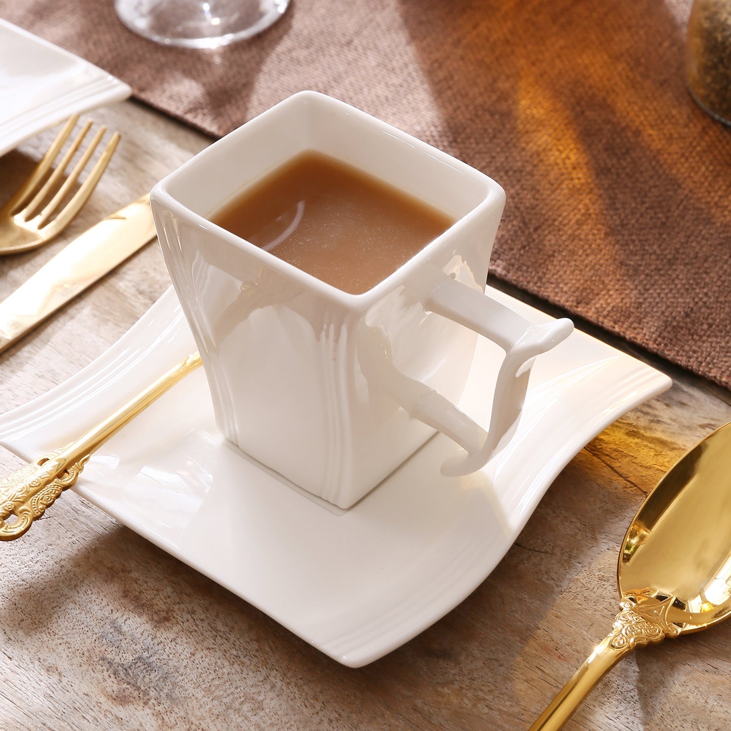 Plates Cups and Saucers Set, 18-Piece Square Plate Set for 6, Porcelain Dish Set with Dessert Plates, Coffee Mugs and Saucers, Kitchen Dinnerware Sets Microwave Safe