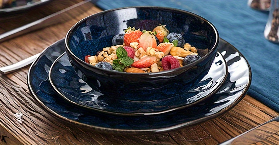 vicrays Ceramic Pasta Bowls Set, 32 Ounce Soup Bowls, Large Salad Bowls, Fluted stoneware Bowls for Kitchen, Chip Resistant, Dishwasher Microwave Safe, Serving Bowls, Set of 6 (Blue)