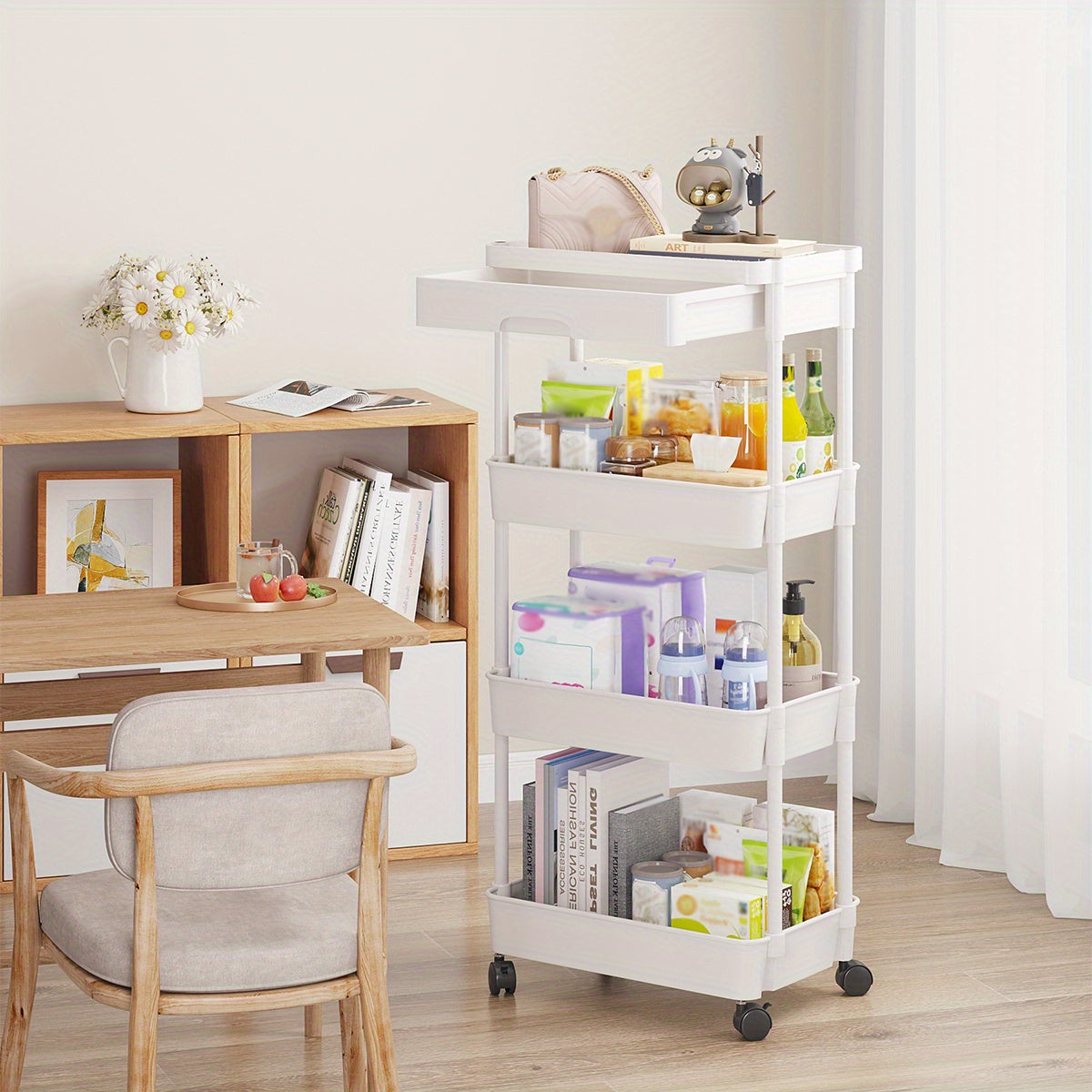 Multi-Tier Storage Trolley - Space-Saving Floor-to-Ceiling Design, Smooth Mobility, and Versatile Use in Kitchen, Bathroom, Bedroom, and Living Room for Displaying Snacks and Essentials
