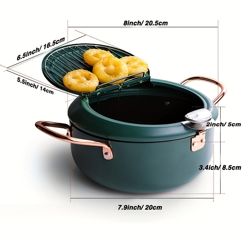 1pc Large Green Tempura Deep Fryer Pan - Non-Stick Carbon Steel with Fahrenheit Thermometer for Perfect Tempura, Chicken, Fish, Shrimp - Easy Cleaning, Durable, Space-Saving Design for Home Kitchen