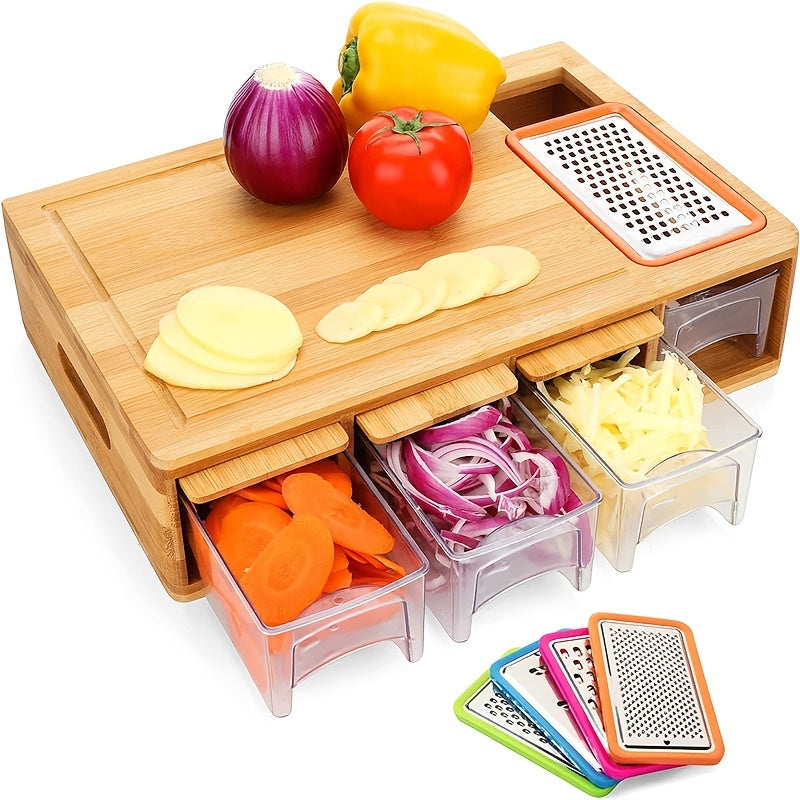 1pc, Bamboo Cutting Board With Drawer Tray, Bamboo Cutting Board With Sliding Out Tray, Chopping Board, Fruit Cutting Board, Kitchen Utensils, Apartment Essentials