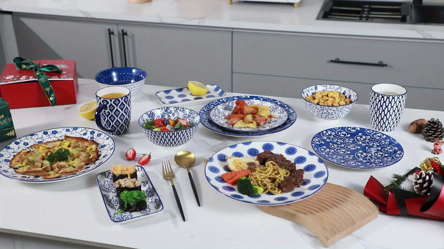Chinese style ceramic dinnerware 30 pcs set, including 8.5 inches salad plate, 10.5 inches dinner plate, 16 oz coffee mug, 8.3 inches rectangular plate, 24 oz cereal bowl each 6 pcs, microwave oven dishwasher safe, housewarmi