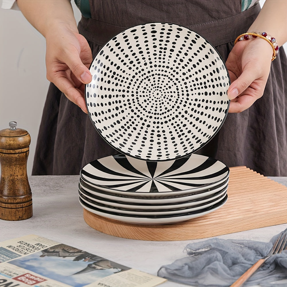 Dinner Plates Ceramic Plate Set - Black Plate Set 8 Inch - 10 Inch Large Porcelain Round Plate Sets Of 6 - Flat Modern Black Pattern Dining Plates For Kitchen | Family - Dishwasher | Microwave | Oven Safe