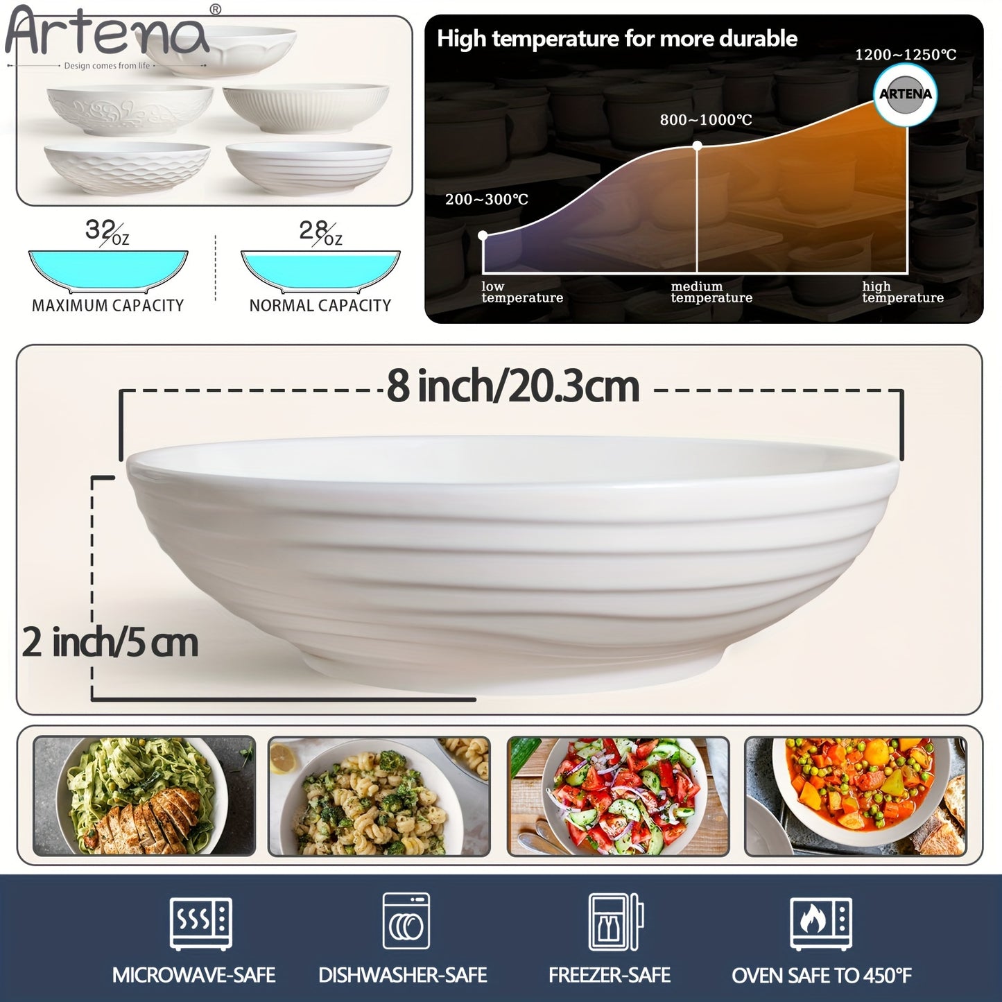 Large Ceramic 4pcs Artena Pasta Bowls - 32oz/35oz, 7.9''/8'' Embossed Soup Bowls - White Serving Bowls for Entertaining, Microwave Dishwasher Oven Safe