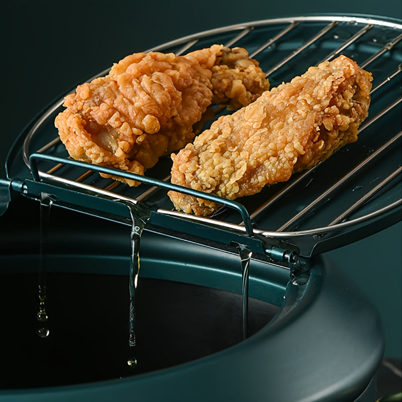 1pc Large Green Tempura Deep Fryer Pan - Non-Stick Carbon Steel with Fahrenheit Thermometer for Perfect Tempura, Chicken, Fish, Shrimp - Easy Cleaning, Durable, Space-Saving Design for Home Kitchen