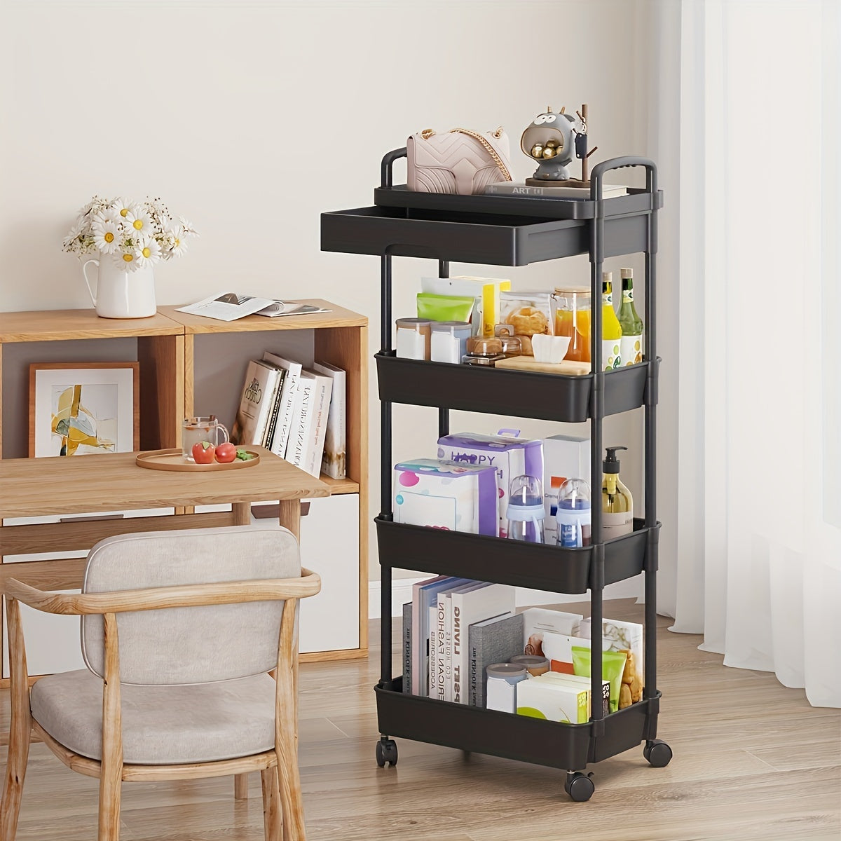 Multi-Tier Storage Trolley - Space-Saving Floor-to-Ceiling Design, Smooth Mobility, and Versatile Use in Kitchen, Bathroom, Bedroom, and Living Room for Displaying Snacks and Essentials