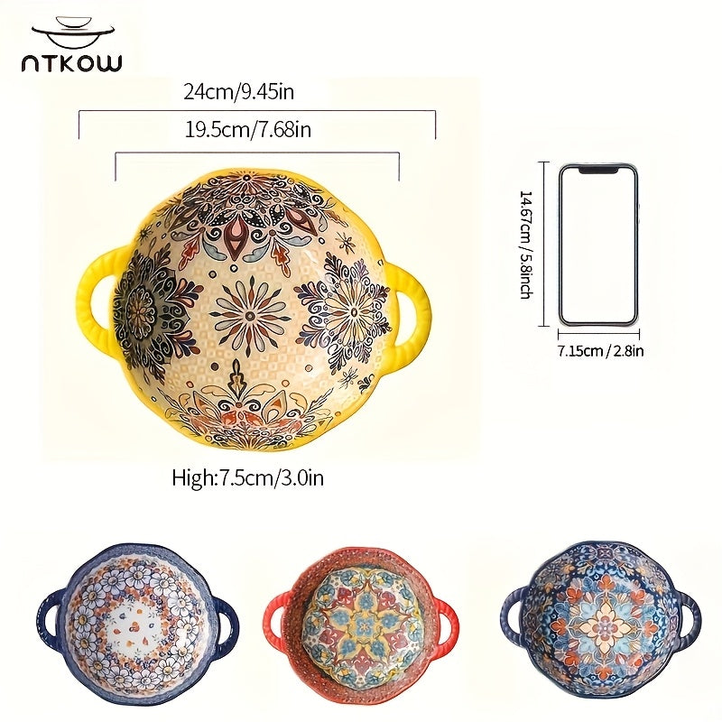 1pc 9.5 "Underglaze Color Bohemia Polish Color Double Ear Soup Bowl, Embossed Soup Bowl, Noodle Bowl, Microwave Safe, For Home Kitchen Restaurant Hotel, Kitchen Supplies, Tableware Accessories